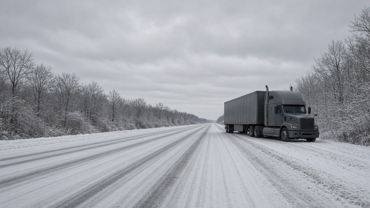A semi parked on the shoulder of a snowy interstate