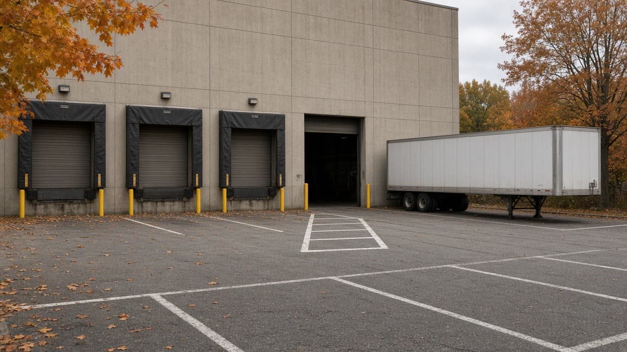 A trailer waiting beside closed autumn warehouse doors