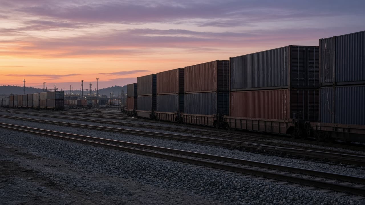 Container trains in a rail yard at dusk