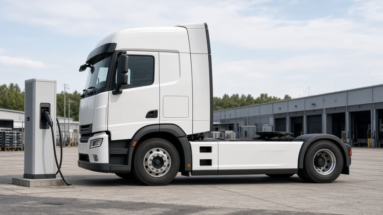 A white electric truck tractor parked at a charger