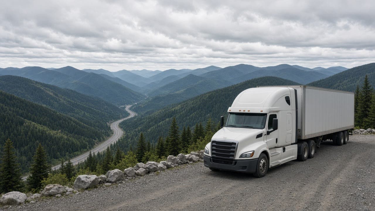 A semi parked on a mountain pullout above an empty highway