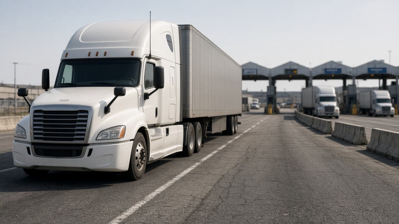 A semi waiting in line at a border truck plaza