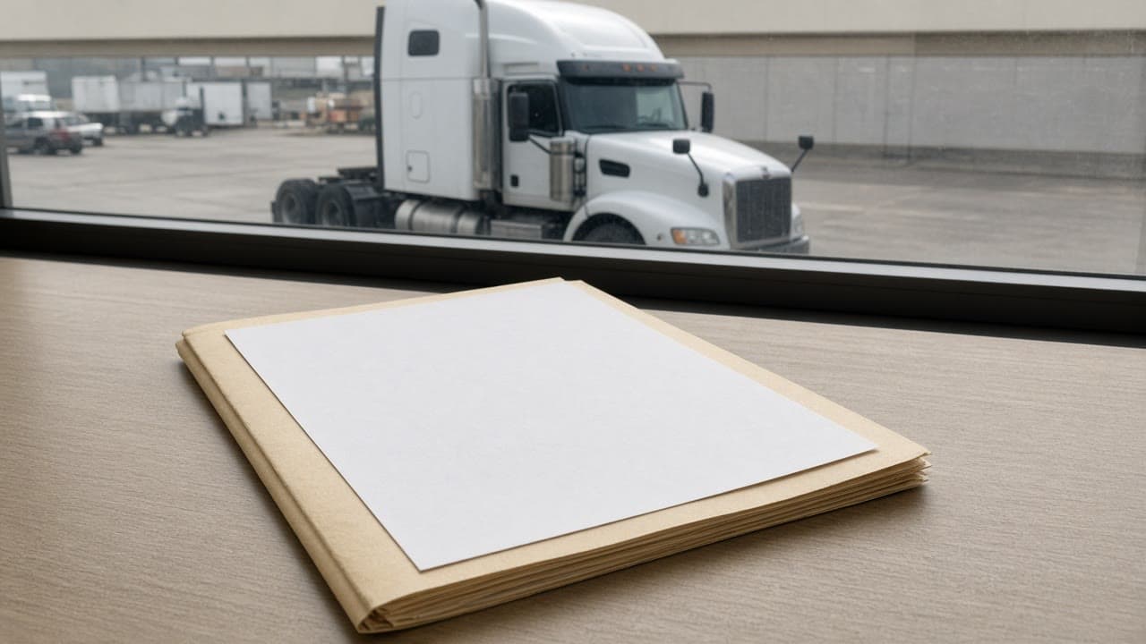 A closed folder on a desk with a truck outside the window