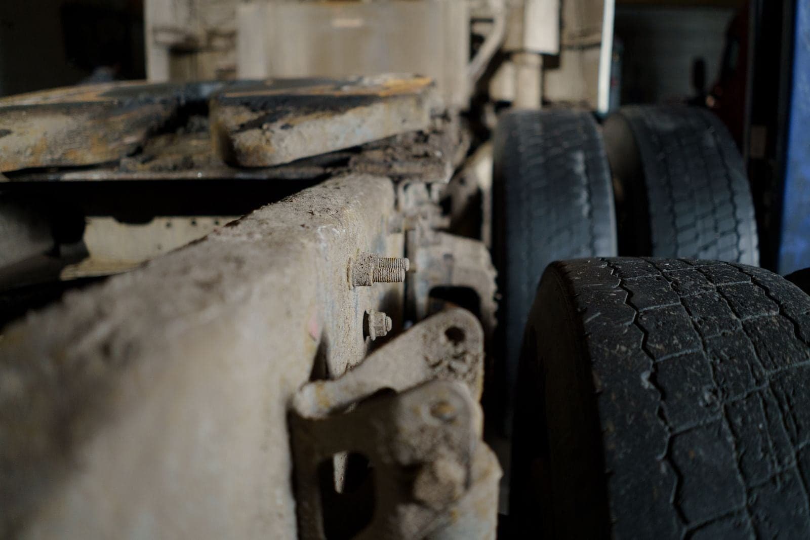 The chassis and tires under a truck