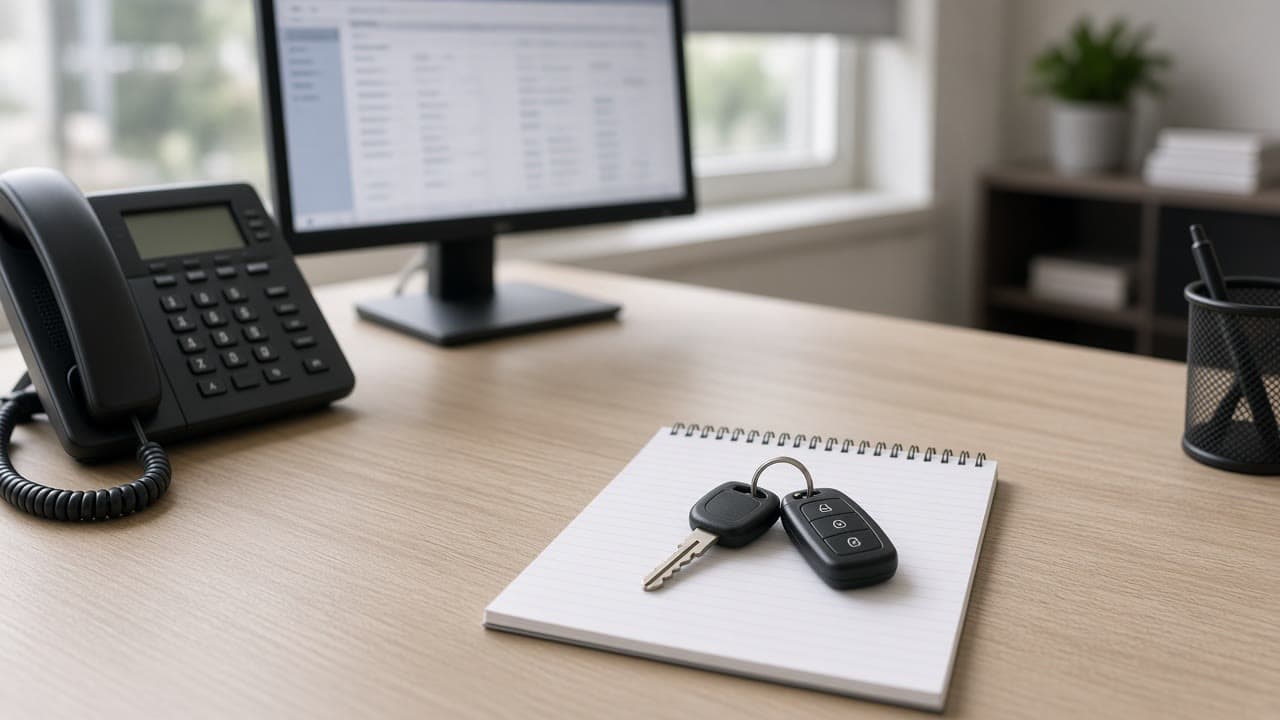 A dispatch desk with keys and a blurred screen