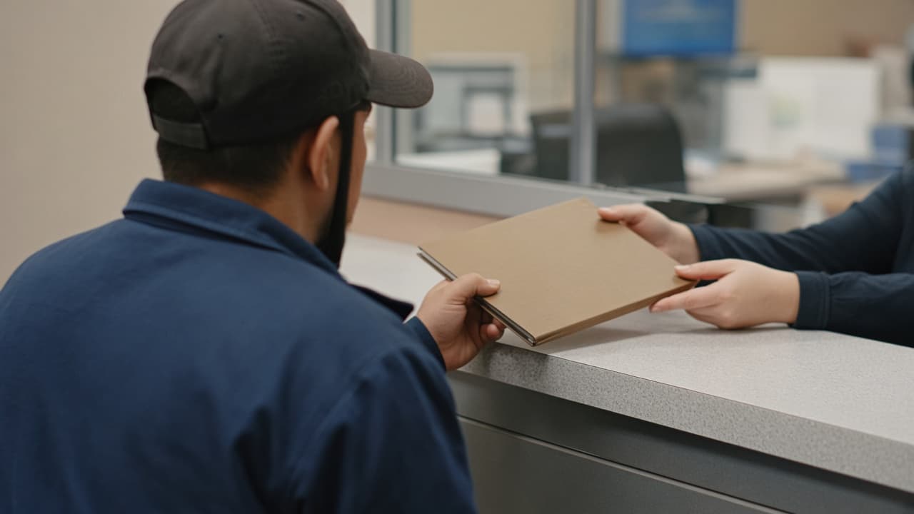 A driver handing a folder across an office counter