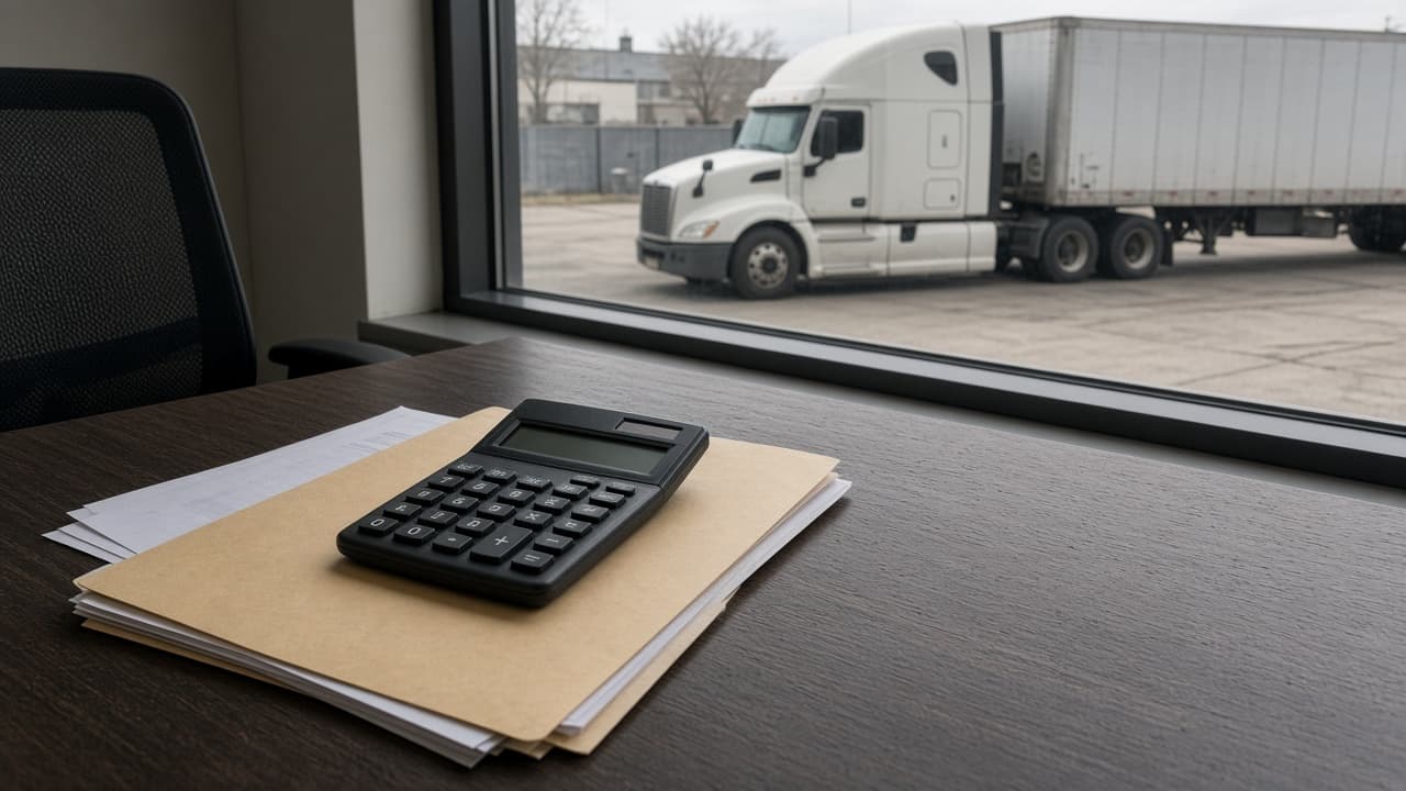 A folder and a calculator on a desk, with a semi truck outside