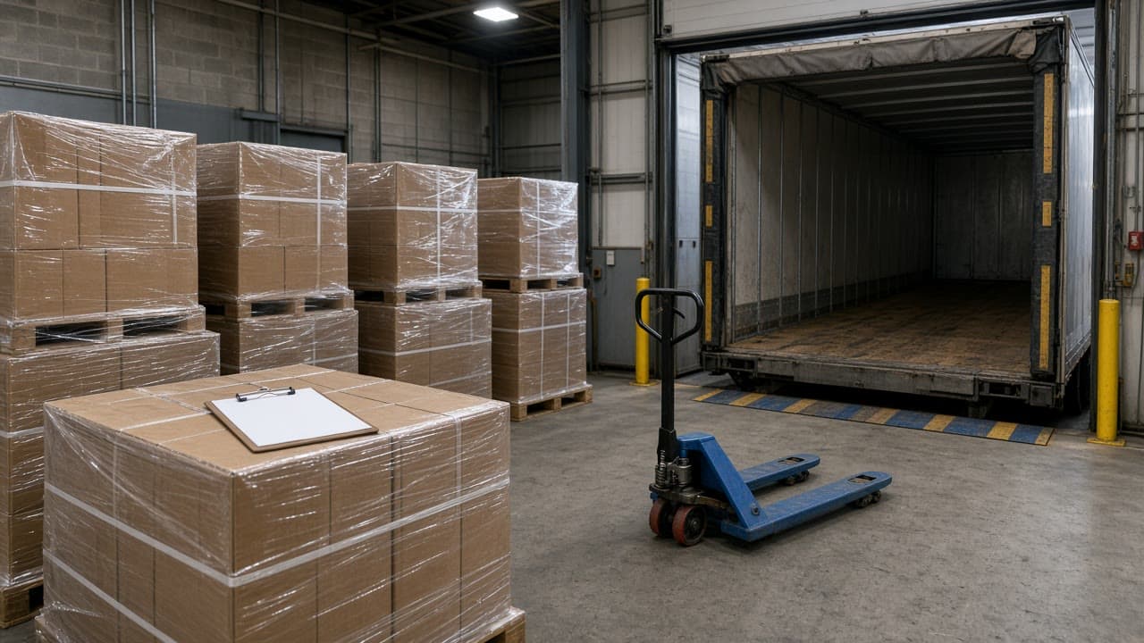 Wrapped pallets and a pallet jack at a grocery dock