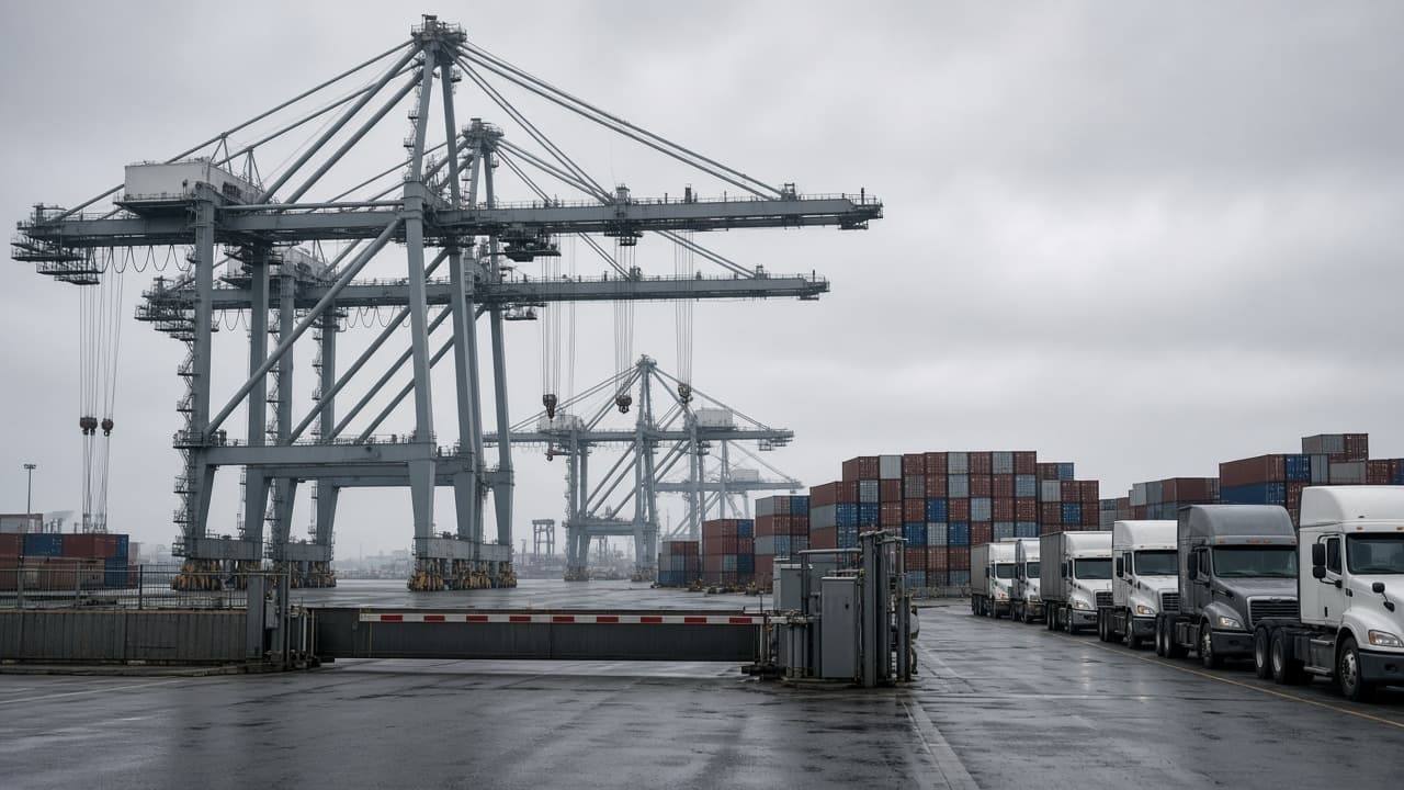 Trucks waiting at a quiet container port