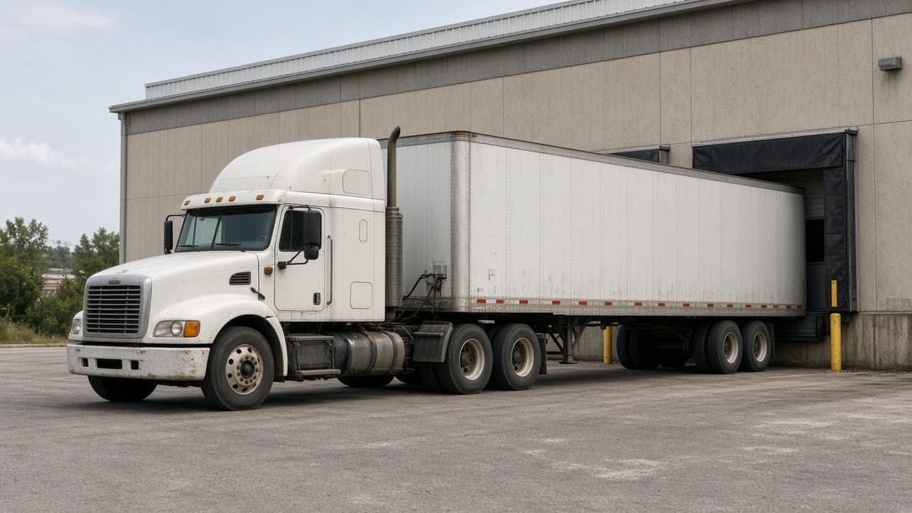 A used white semi coupled to a trailer at a dock