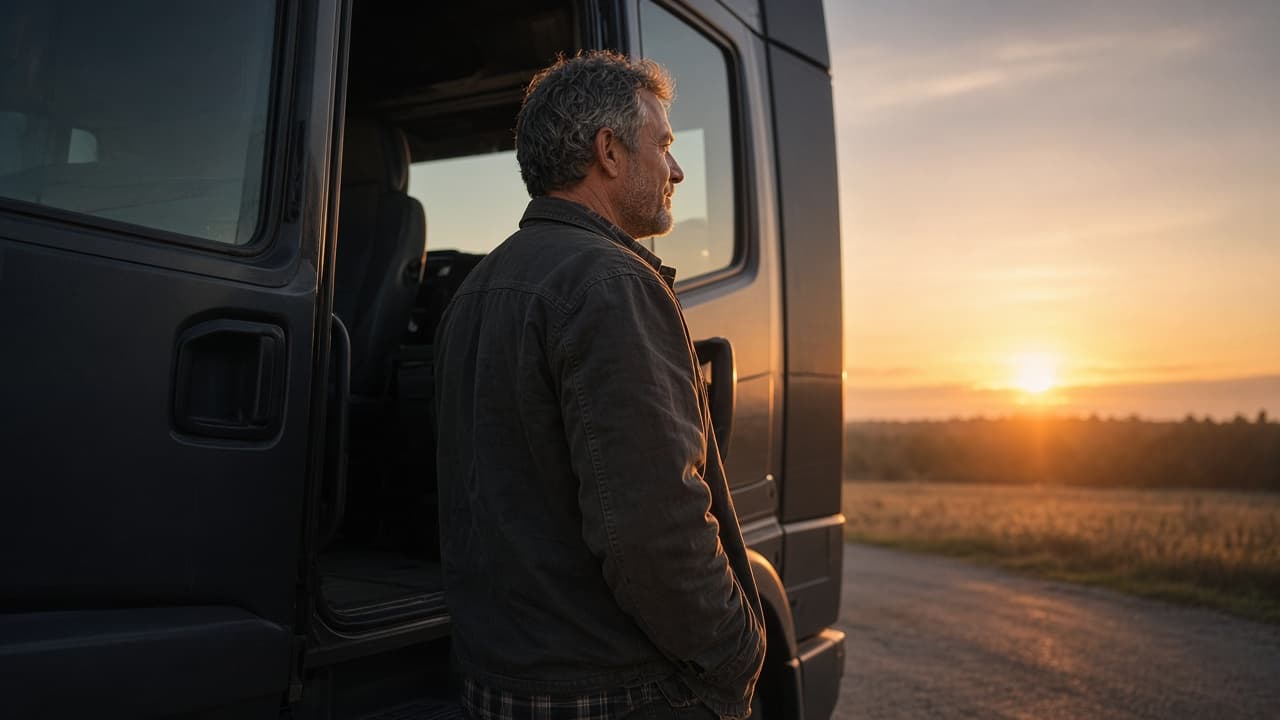 A driver standing in the open door of a truck at sunset