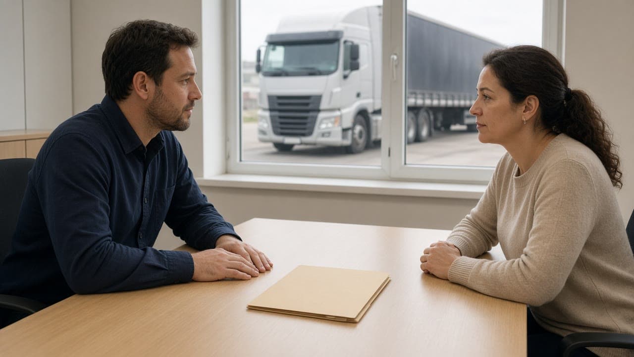 Two people at a desk with a folder and a truck outside