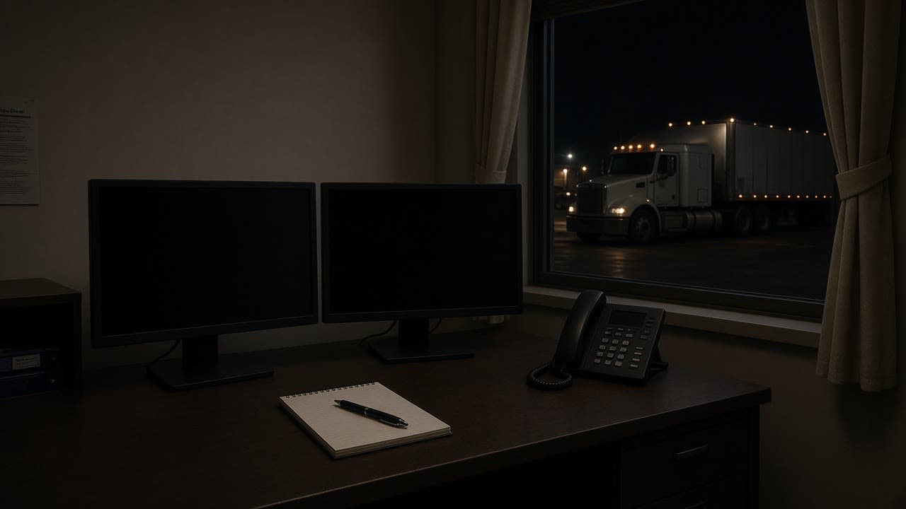 Dark dispatch monitors with a truck waiting outside