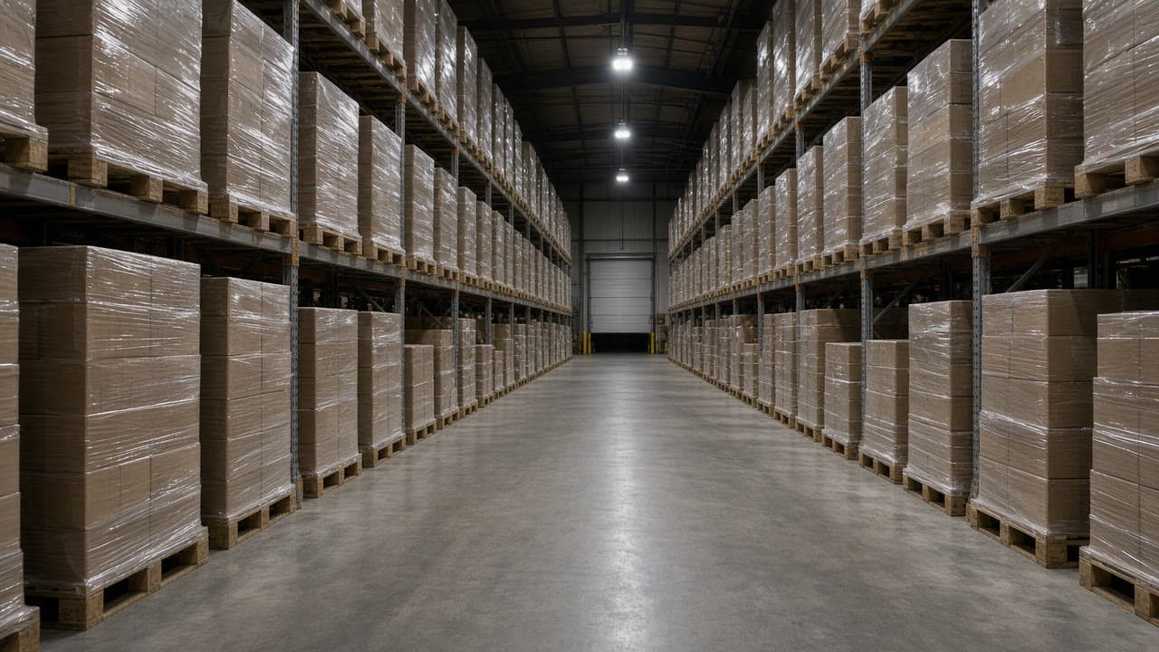 A warehouse aisle packed with palletized cartons